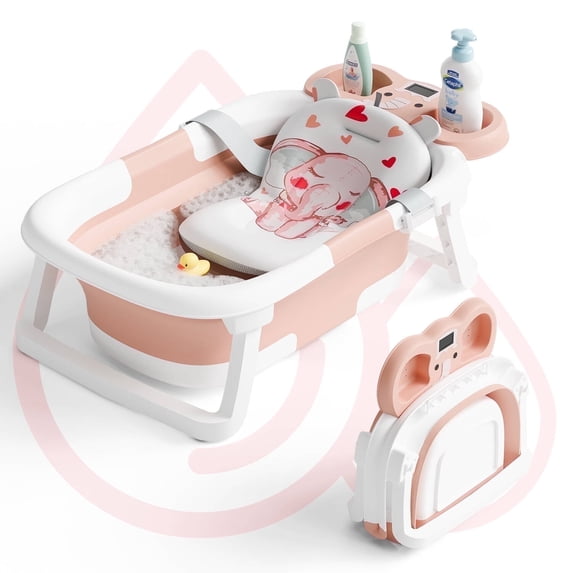 Aprpink Foldable Baby Bathtub Elephant PP+TPE with Soft Cushion&Thermometer for 0-36 Months Toddler Pink