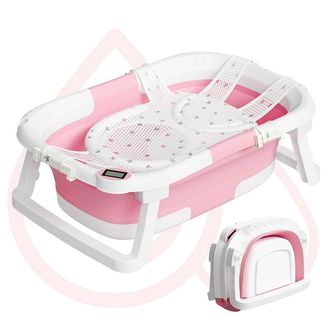 Aprpink Foldable Baby Bathtub PP+TPE with Soft Bath Net&Thermometer for 0-36 Months Toddler Dark Pink