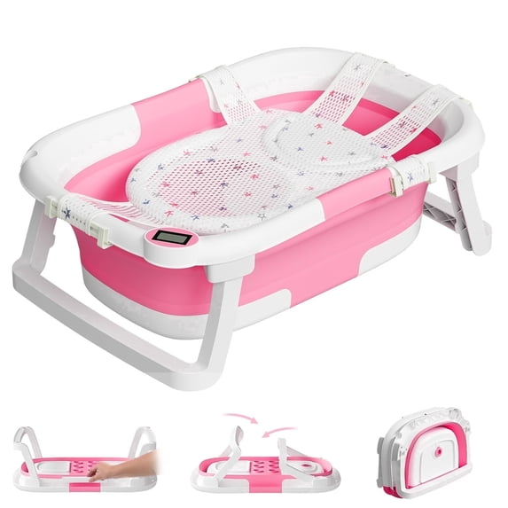 Aprpink Foldable Baby Bathtub PP+TPE with Soft Bath Net&Thermometer for 0-36 Months Toddler Hot Pink
