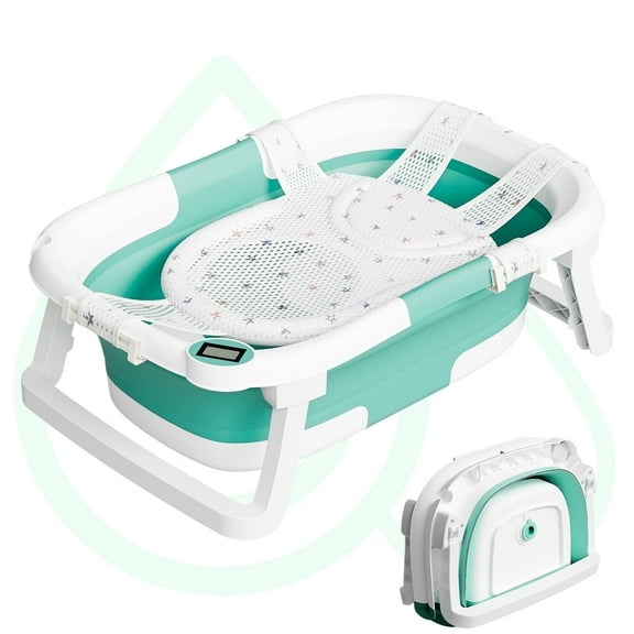 Aprpink Foldable Baby Bathtub PP+TPE with Soft Bath Net&Thermometer for 0-36 Months Toddler Turquoise