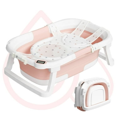 Aprpink Foldable Baby Bathtub PP TPE with Soft Bath Net&Thermometer for 0-36 Months Toddler Pink