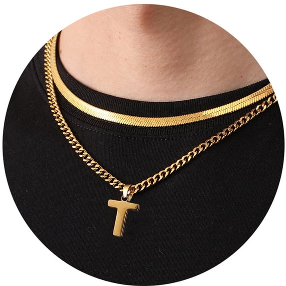 Apsvo 2pcs Men Chain Necklaces,18 Inch Herringbone Link Chain and 20 Inch Cuba Link Chain,Gold A-Z Initial Necklace,Layered Stainless Steel Letter Pendant Necklace Jewelry Gift for Men