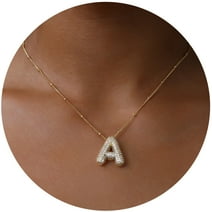 Apsvo A-Z Bubble Letter Necklace Gold Balloon Initial Necklaces Cubic Zirconia Personalized Name Statement Capital Alphabet Letter Pendant Necklaces for Women Girl Valentine Birthday Christmas Gifts