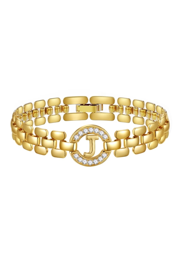 18K Gold Plated Initial Charm Bracelets for Women Cubic Zirconia Watch Bangle Silver Letter J Chain Bracelet Valentines Jewelry Gifts Her Girlfriend Wife Lady Female Adults Teen Ideas