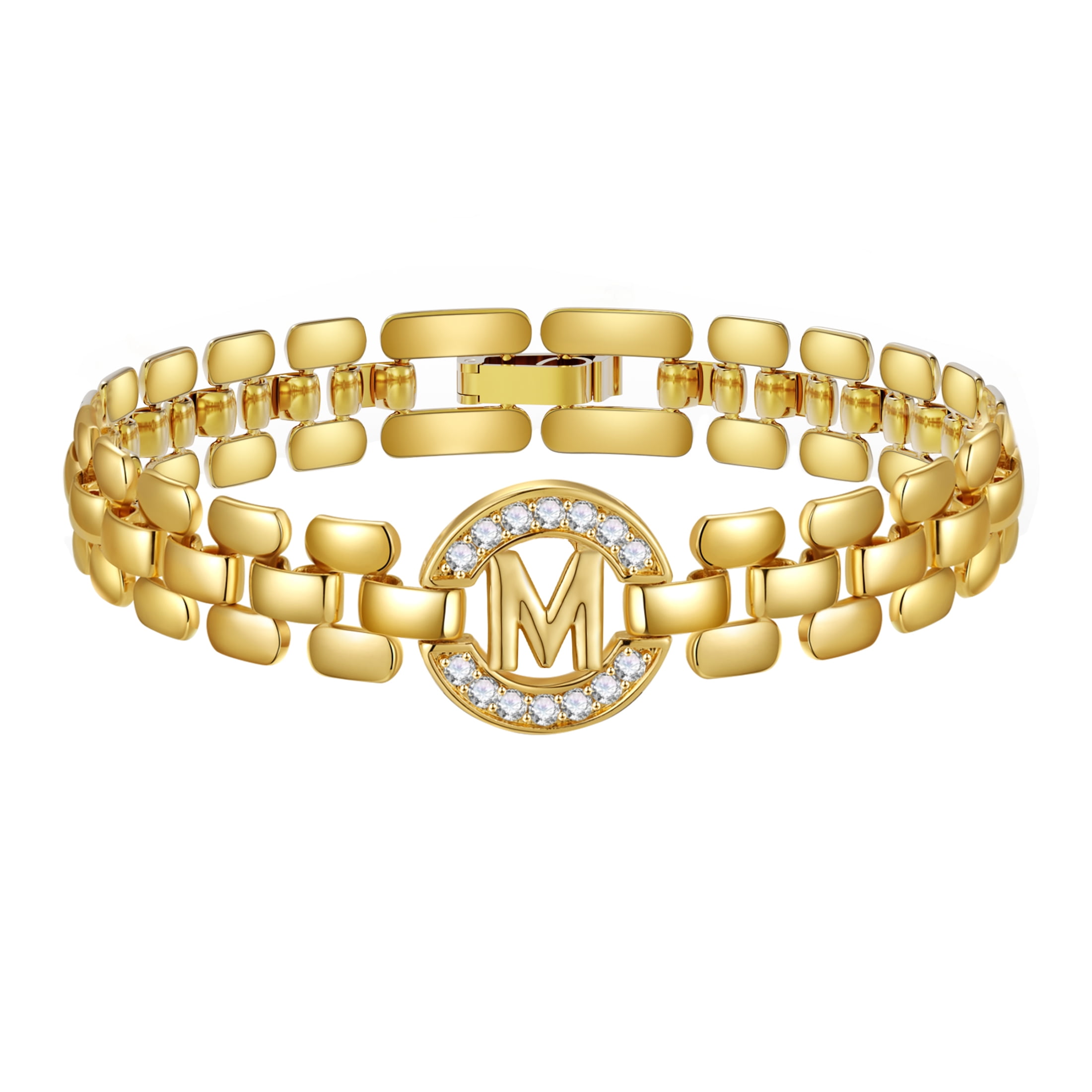 APSVO 14K Gold Plated Initial Bracelets for Women Mom Wife Mommy Daughter Cubic Zirconia Watch Bangle Wrist Charm Bracelet Alphabet Letter M Chain Bracelet Birthday Mother's Day Jewelry Gifts for Her