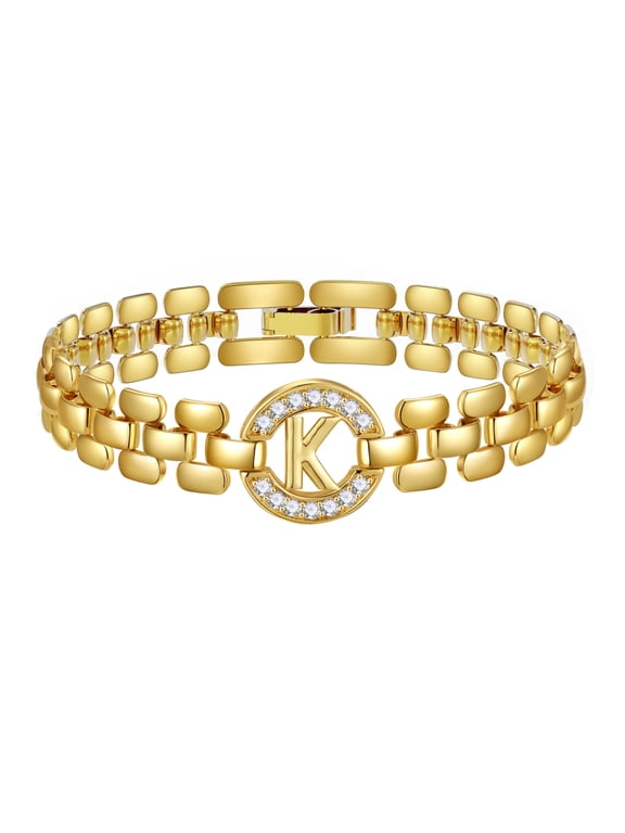 18K Gold Plated Initial Charm Bracelets for Women Cubic Zirconia Watch Bangle Letter K Chain Birthday Christmas Jewelry Gifts Teen Stocking Stuffers Adults