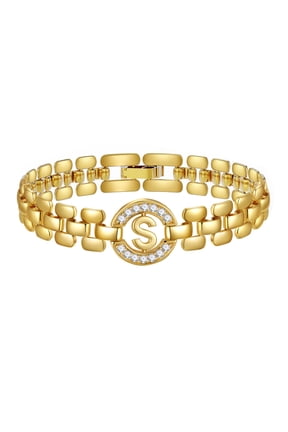 18K Gold Plated Initial Charm Bracelets for Women Cubic Zirconia Watch Bangle Letter S Chain Bracelet Graduation Jewelry Gifts Her Mom Girlfriend Wife Female Teen Ideas