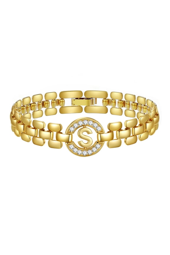 18K Gold Plated Initial Charm Bracelets for Women Cubic Zirconia Watch Bangle Silver Letter S Chain Bracelet Valentines Jewelry Gifts Her Girlfriend Wife Lady Female Adults Teen Ideas