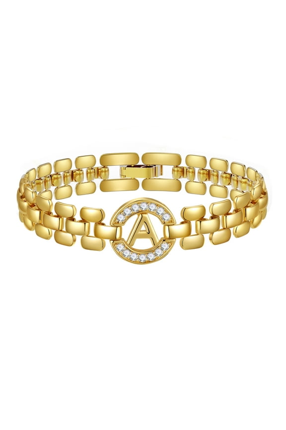 18K Gold Plated Initial Charm Bracelets for Women Cubic Zirconia Watch Bangle Silver Letter A Chain Bracelet Valentines Jewelry Gifts Her Girlfriend Wife Lady Female Adults Teen Ideas