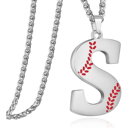 Apsvo Baseball Initial Necklace for Men Stainless Steel Baseball Letter Pendant Chain Personalized Baseball Gift for Men (Silver)