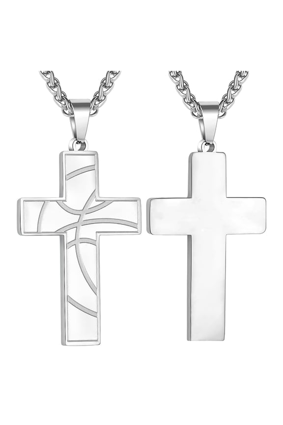 Silver Basketball Themed Cross Necklaces for Men Teen Team Game Day Sports Athlete Stuff Accessories Chain Pendant Birthday Age Christmas Jewelry Gifts Stocking Stuffers for