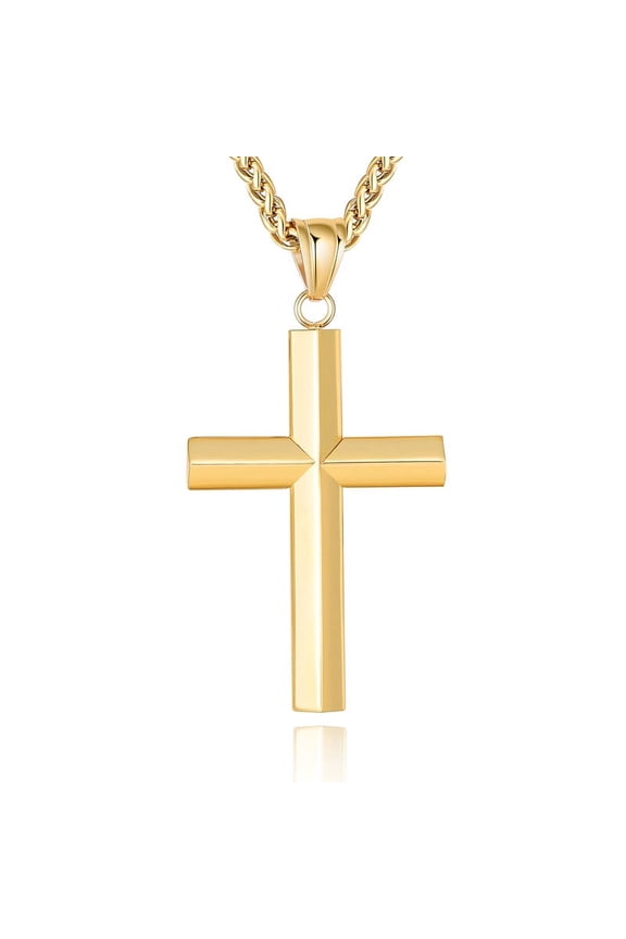 Gold Cross Necklaces for Men Boys Stainless Steel Cross Pendant Chain Catholic Religious Christian Birthday First Communion Easter Basket Stuffers Jewelry Gifts Teen Adults Kids Age 18 Inch
