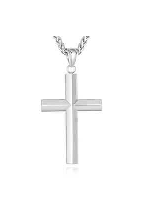 Silver Cross Necklaces for Men Boys Stainless Steel Cross Pendant Chain Catholic Religious Christian Birthday First Communion Graduation Fathers Day Jewelry Gifts Teen Him Dad Kids Age 20 Inch