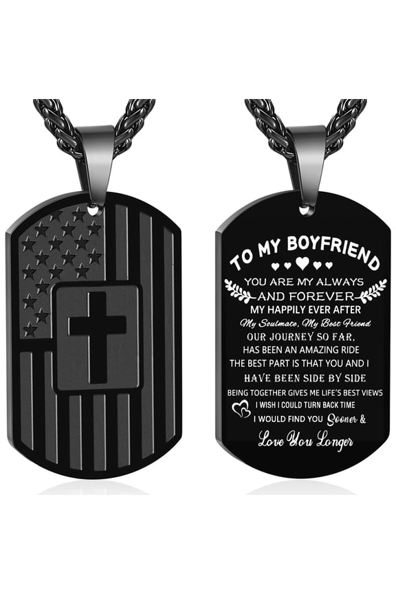 Black Dog Tag Cross Necklaces for Men Boys to My Boyfriend Gifts from Girlfriend American Flag Pendant Chain Religious Christian Birthday Valentines Day Jewelry Gifts Teen Him Adults Ideas