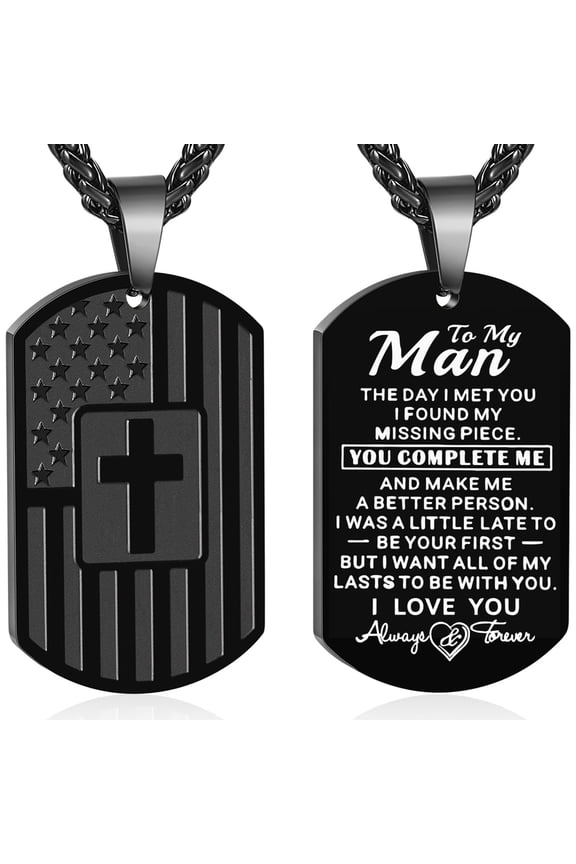 Black Dog Tag Cross Necklaces for Men to My Man Gifts from Girlfriend Wife American Flag Pendant Chain Religious Christian Birthday Valentines Day Jewelry Gifts Him Husband Boyfriend ldeas