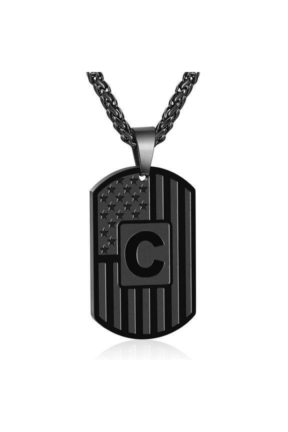 Black Initial Necklaces for Men Boys Stainless Steel American Flag Dog Tag Letter C Pendent Chain Birthday Valentines Day Jewelry Gifts Teen Boyfriend Husband Him Adults Male Son Kids Age Ideas