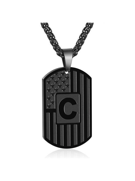Black Initial Necklaces for Men Boys Stainless Steel American Flag Dog Tag Letter C Pendent Chain Birthday Graduation Fathers Day Jewelry Gifts Teen Him Dad Husband Adults Son Kids Age Ideas