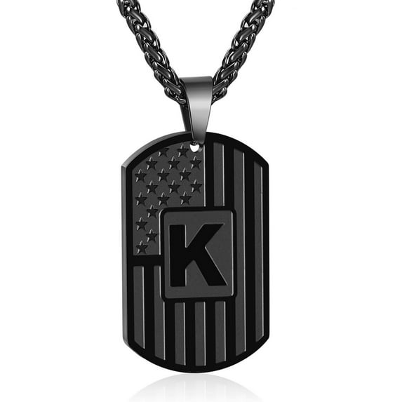 APSVO Black Initial Necklaces for Men Boys Stainless Steel American Flag Dog Tag Letter K Pendent Chain Birthday Easter Basket Stuffers Jewelry Gifts Teen Husband Him Adults Male Son Kids Age Ideas