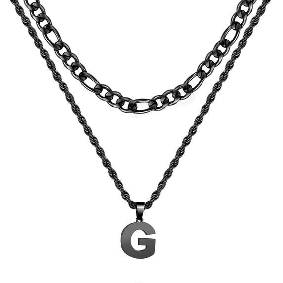 Apsvo Black Initial Letter A-Z Pendant Necklace for Men Layered Figaro Twist Rope Stainless Steel Personalized Chain Necklace Jewelry Christmas Valentine's Day Birthday Gift for Men