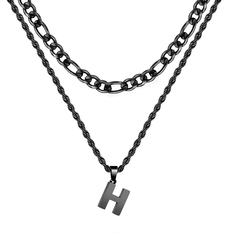 Apsvo Black Initial Letter A-Z Pendant Necklace for Men Layered