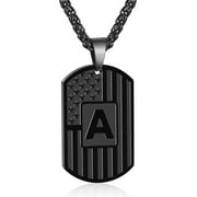 APSVO Black Initial Necklaces for Men Boys Stainless Steel American Flag Dog Tag Letter A Pendent Chain Birthday Graduation Fathers Day Jewelry Gifts Teen Him Dad Husband Adults Son Kids Age Ideas