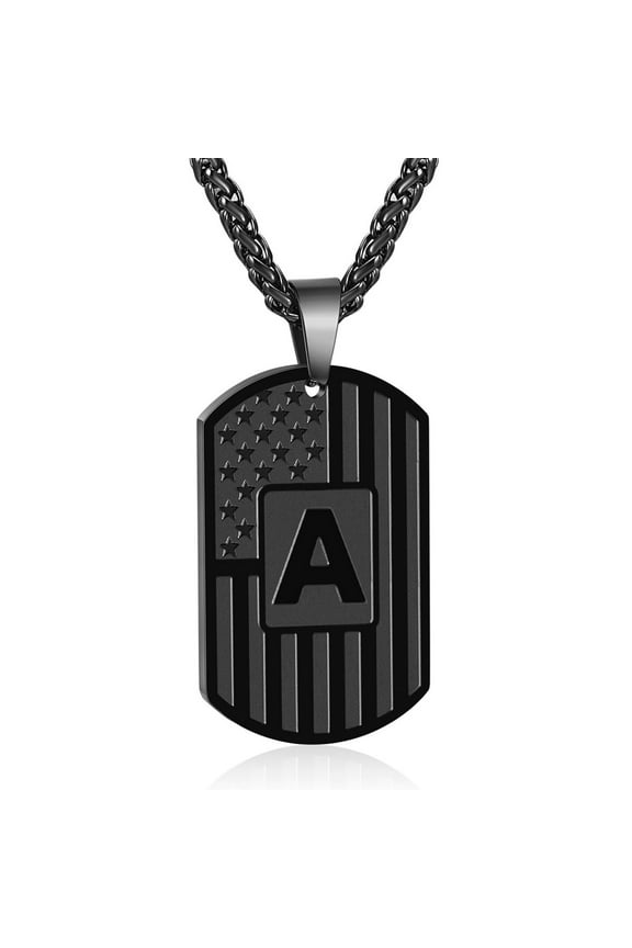 Black Initial Necklaces for Men Boys Stainless Steel American Flag Dog Tag Letter A Pendent Chain Birthday Valentines Day Jewelry Gifts Teen Boyfriend Husband Him Adults Male Son Kids Age Ideas