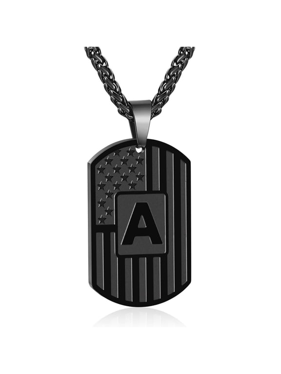 Black Initial Necklaces for Men Boys Stainless Steel American Flag Dog Tag Letter A Pendent Chain Birthday Graduation Fathers Day Jewelry Gifts Teen Him Dad Husband Adults Son Kids Age Ideas