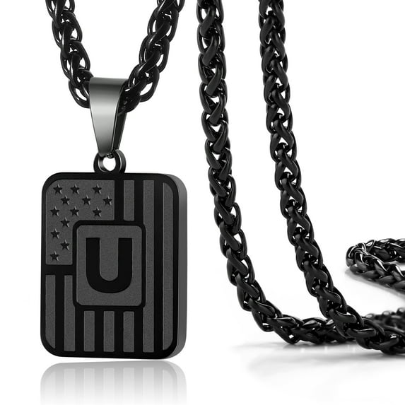 Apsvo Black Initial Necklaces for Men Women Son Boyfriend Stainless Steel American Flag Stars Dog Tag Name Alphabet Letter Pendant Necklace Birthday Christmas Gift Jewelry 20+2 Inch Chain