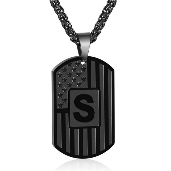 APSVO Black Initial Necklaces for Men Boys Stainless Steel American Flag Dog Tag Letter S Pendent Chain Birthday Valentines Day Jewelry Gifts Teen Boyfriend Husband Him Adults Male Son Kids Age Ideas