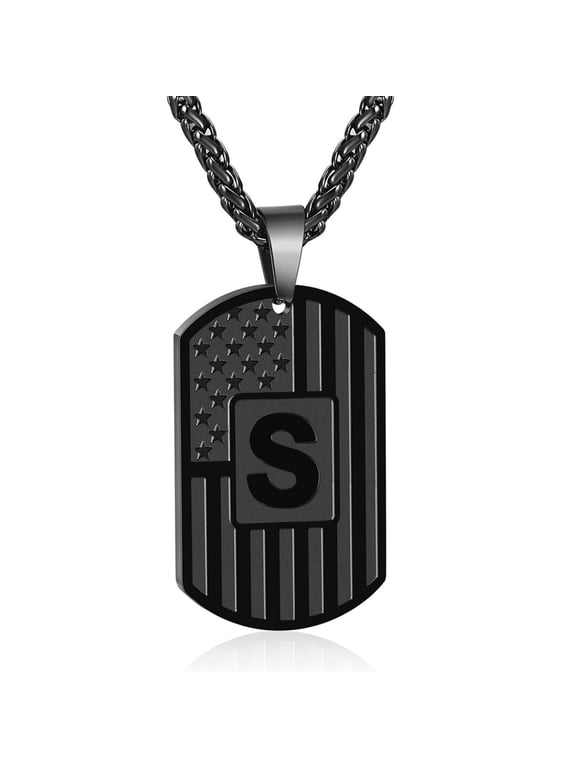 Black Initial Necklaces for Men Stainless Steel American Flag Dog Tag Letter S Pendent Chain Statement Birthday Christmas Jewelry Gifts Teen Boys Stocking Stuffers Kids