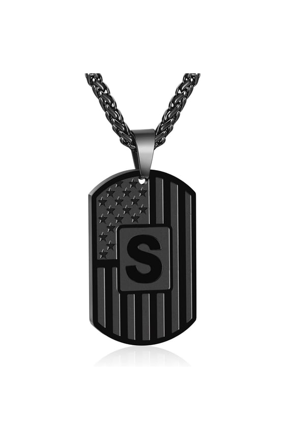 Black Initial Necklaces for Men Boys Stainless Steel American Flag Dog Tag Letter S Pendent Chain Birthday Easter Basket Stuffers Jewelry Gifts Teen Husband Him Adults Male Son Kids Age Ideas