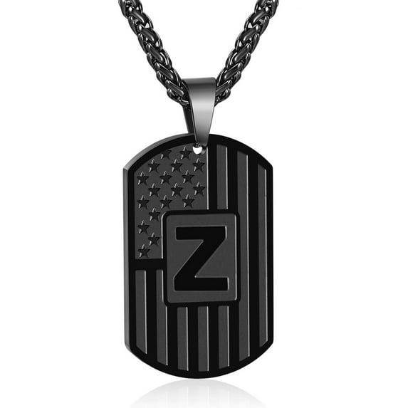APSVO Black Initial Necklaces for Men Boys Stainless Steel American Flag Dog Tag Letter Z Pendent Chain Birthday Valentines Day Jewelry Gifts Teen Boyfriend Husband Him Adults Male Son Kids Age Ideas