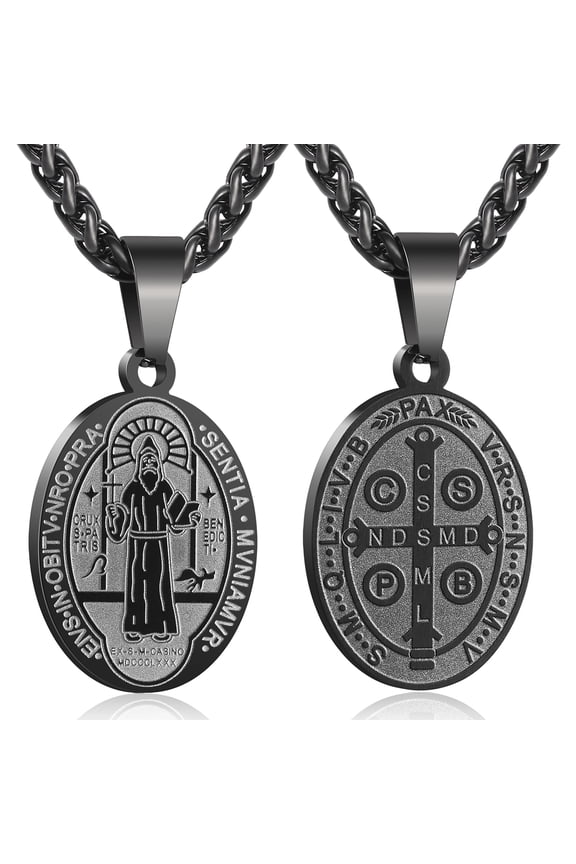 Black Saint St Benedict Necklaces for Men Boys Stainless Steel Medal Pendant Chain Christian Religious Catholic Birthday Valentines Day Jewelry Gifts Teen Him Husband Dad Adults Kids Age Ideas