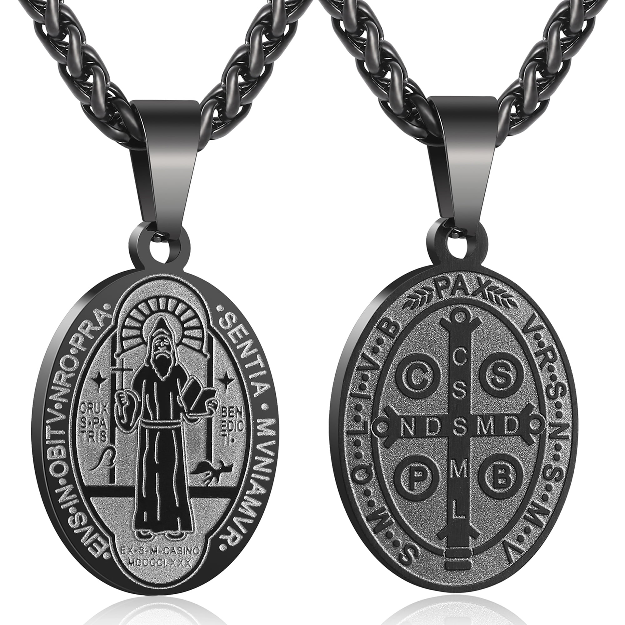 Apsvo Black Saint St Benedict Medal Necklace Pendant For Men 24 In