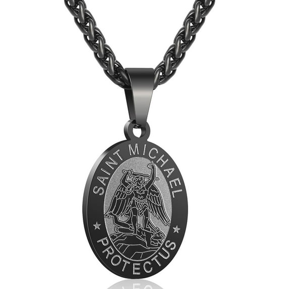 APSVO Black Saint St Michael Necklaces for Men Boys Stainless Steel Medal Pendant Chain Christian Religious Catholic Birthday Valentines Day Jewelry Gifts Teen Him Husband Dad Adults Kids Age Ideas