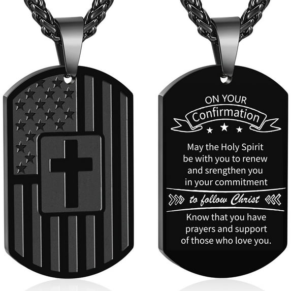 APSVO Confirmation Gifts for Teen Teenage Son Grandson Black Dog Tag Cross Necklace for Teenage Stainless Steel Dog Tag Pendant Chain Military Army Religious Christian Catholic Jewelry Gifts