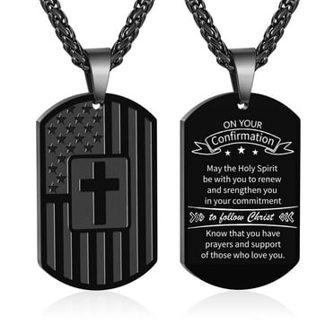Apsvo Confirmation Gifts for Teen Teenage Son Grandson Black Dog Tag Cross Necklace for Teenage Stainless Steel Dog Tag Pendant Chain Military Army Religious Christian Catholic Jewelry Gifts