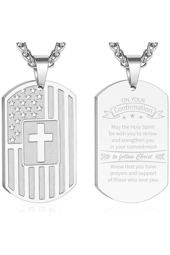 Confirmation Gifts for Teen Teenage Son Grandson Silver Dog Tag Cross Necklace for Teenage Stainless Steel Dog Tag Pendant Chain Military Army Religious Christian Catholic Jewelry Gifts