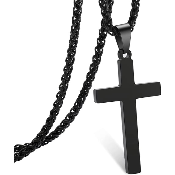 APSVO Black Cross Necklaces for Men 316L Stainless Steel Cross Pendant Chain Catholic Christian Religious Stuff Accessories Birthday Christmas Jewelry Gifts Teen Boys Stocking Stuffers Kids 16 Inch