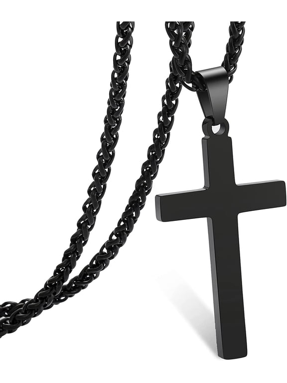Black Cross Necklaces for Men 316L Stainless Steel Cross Pendant Chain Catholic Christian Religious Stuff Accessories Birthday Christmas Jewelry Gifts Teen Boys Stocking Stuffers Kids 16 Inch