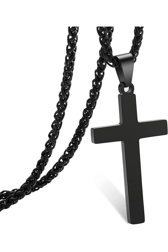 Black Cross Necklaces for Men Boys Stainless Steel Cross Pendant Chain Catholic Religious Christian Birthday First Communion Confirmation Graduation Fathers Day Jewelry Gifts Teen Him Dad Kids
