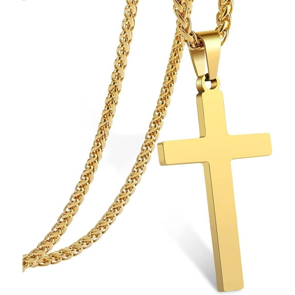 APSVO Gold Cross Necklaces for Men Boys Stainless Steel Cross Pendant Chain Catholic Religious Christian Birthday Valentines Day Jewelry Gifts Teen Him Boyfriend Son Dad Adults Male Kids Age Ideas