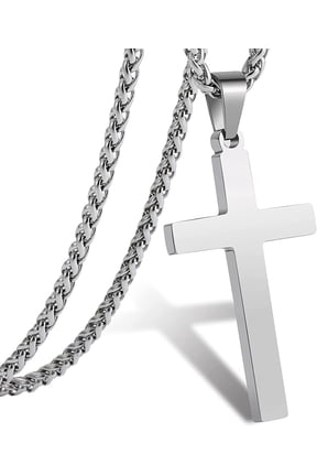 Silver Cross Necklaces for Men Boys Stainless Steel Cross Pendant Chain Catholic Religious Christian Birthday First Communion Confirmation Graduation Fathers Day Jewelry Gifts Teen Him Dad Kids