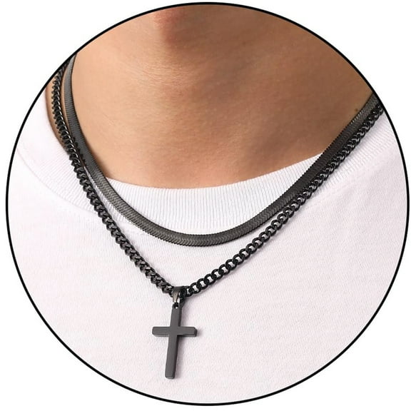 APSVO Layered Black Cross Necklaces for Men Boys Stainless Steel Cuban Herringbone Pendant Chain Set Religious Christian Birthday Valentines Day Jewelry Gifts Him Teen Boyfriend Adults Kids Ideas
