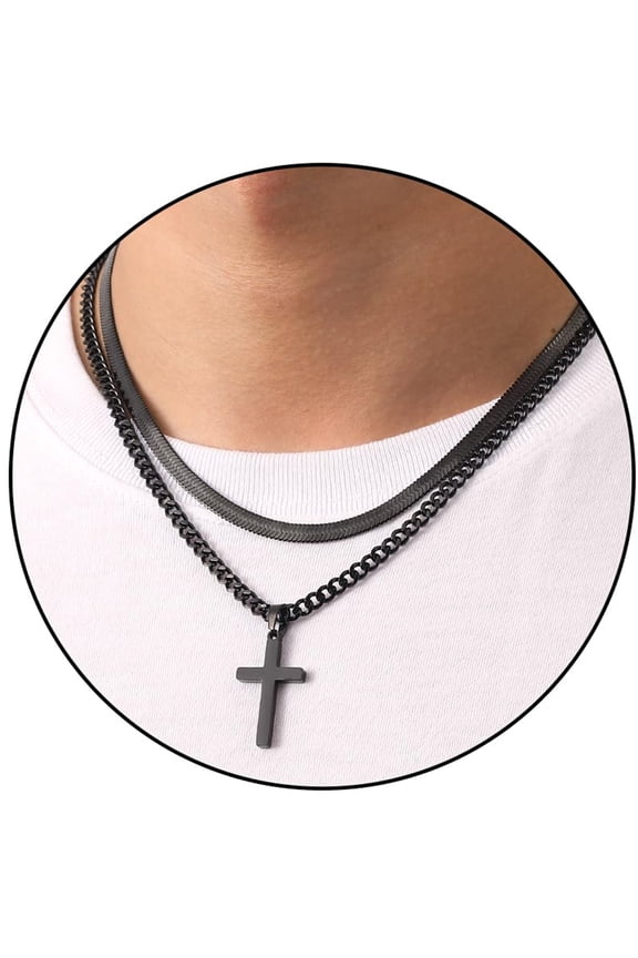 Layered Black Cross Necklaces for Men Boys Stainless Steel Cuban Herringbone Pendant Chain Set Religious Christian Birthday First Communion Graduation Fathers Day Jewelry Gifts Teen Him Dad Kid