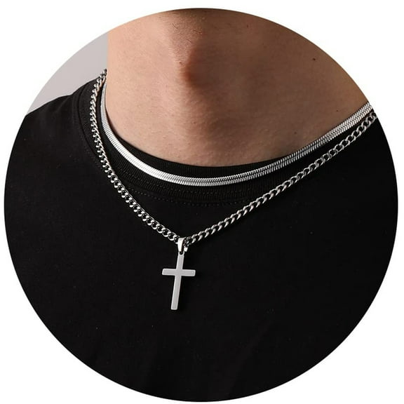 APSVO Layered Silver Cross Necklaces for Men Boys Stainless Steel Cuban Herringbone Pendant Chain Set Religious Christian Birthday Valentines Day Jewelry Gifts Him Teen Boyfriend Adults Kids Ideas