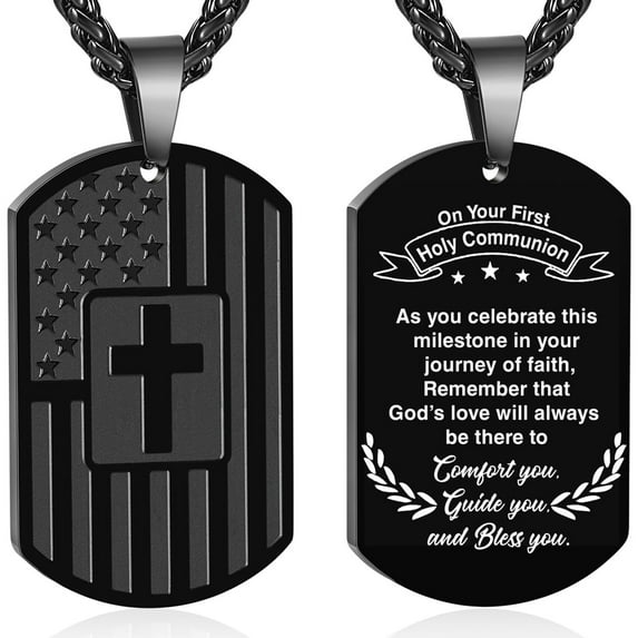 APSVO First Communion Gift Black Dog Tag Cross Necklace Stainless Steel Dog Tag Pendant Chain Military Army Religious Christian Catholic Jewelry Gift