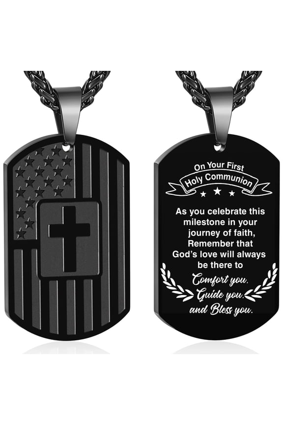 First Communion Gift Black Dog Tag Cross Necklace Stainless Steel Dog Tag Pendant Chain Military Army Religious Christian Catholic Jewelry Gift