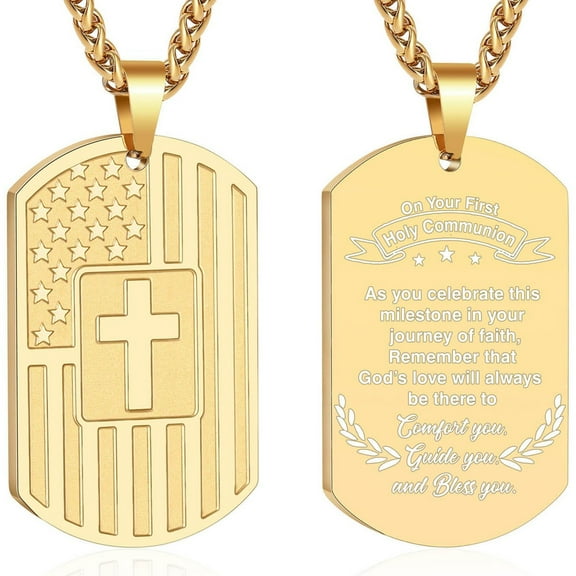 APSVO First Communion Gift Gold Dog Tag Cross Necklace Stainless Steel Dog Tag Pendant Chain Military Army Religious Christian Catholic Jewelry Gift
