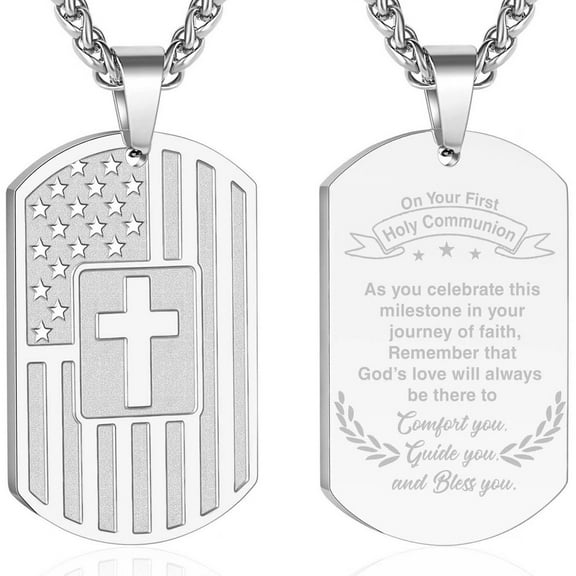 APSVO First Communion Gift Silver Dog Tag Cross Necklace Stainless Steel Dog Tag Pendant Chain Military Army Religious Christian Catholic Jewelry Gift